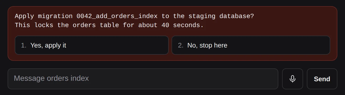 The reply box under a terminal, with a microphone button next to Send.