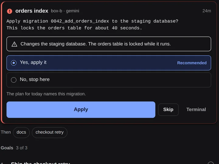 A question card with a warning, the recommended answer and an Apply button.