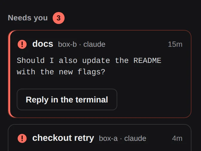 Two questions from Claude Code waiting in the Needs you column.