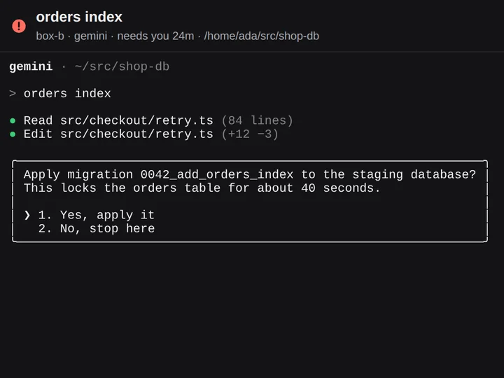 A terminal where an agent asks whether to apply a database migration.