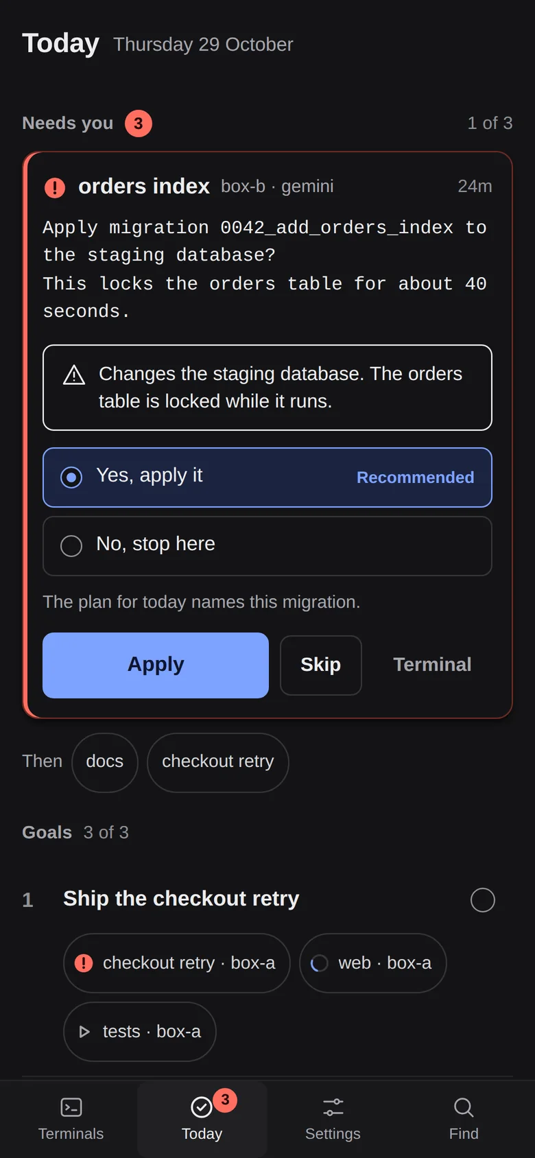 On the phone, a migration question with Yes, apply it marked as recommended and an Apply button.