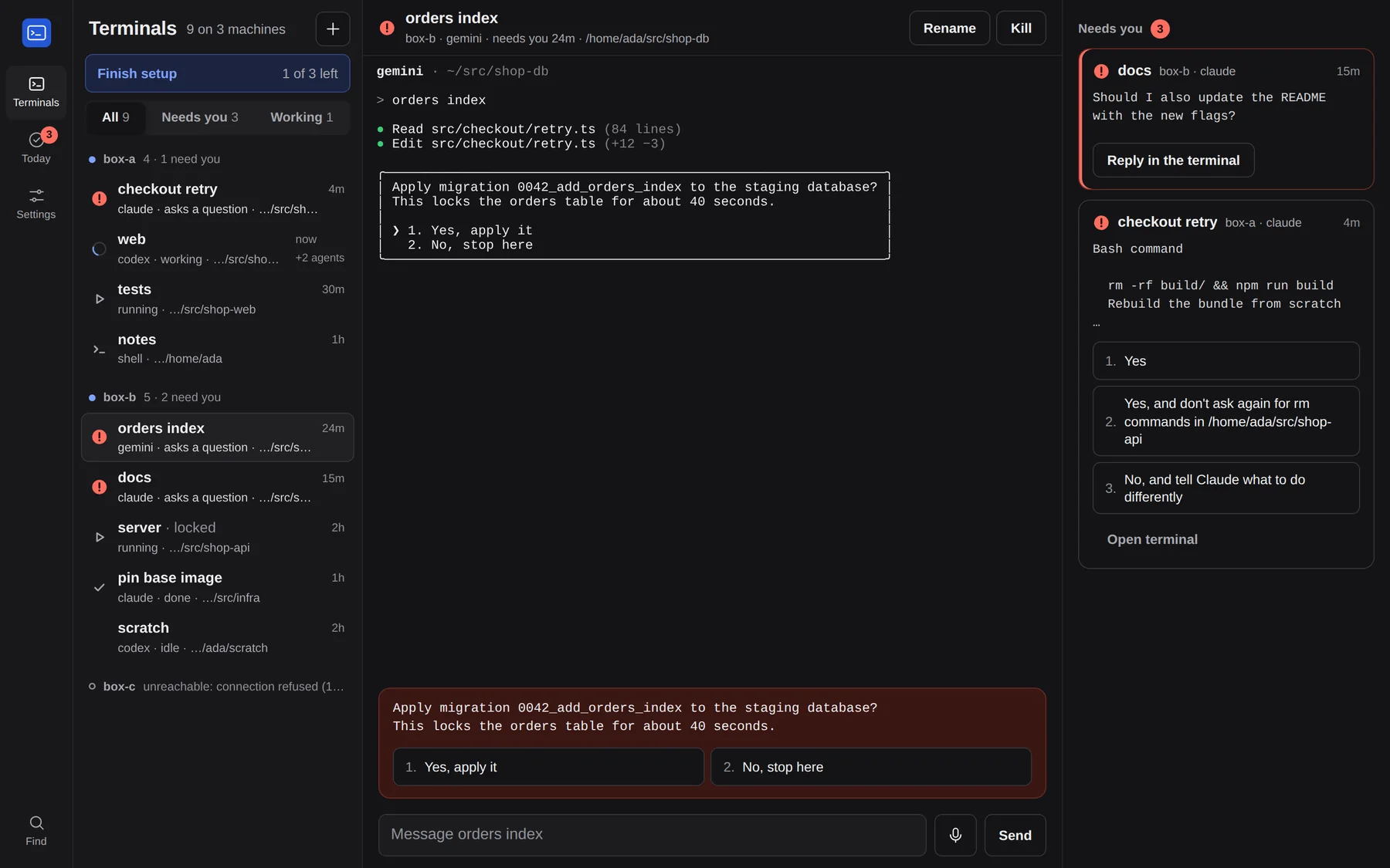 The VibeOverview desktop view: terminals grouped by machine, the selected terminal, and the questions waiting for an answer.